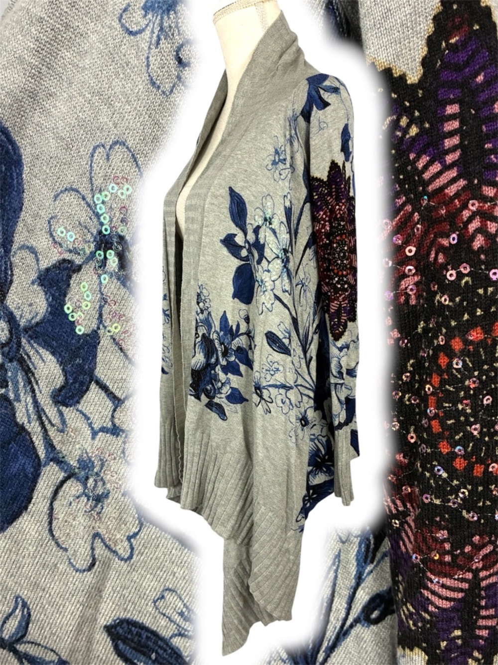 Desigual Sequin Floral Cardigan XS Waterfall Gray Cottagecore Lagenlook Sweater